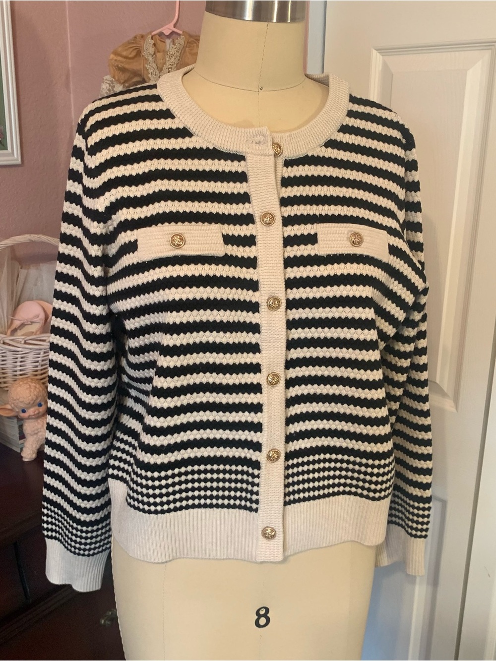 ADRIANNA PAPELL Black and Cream Striped Button-Front Cardigan